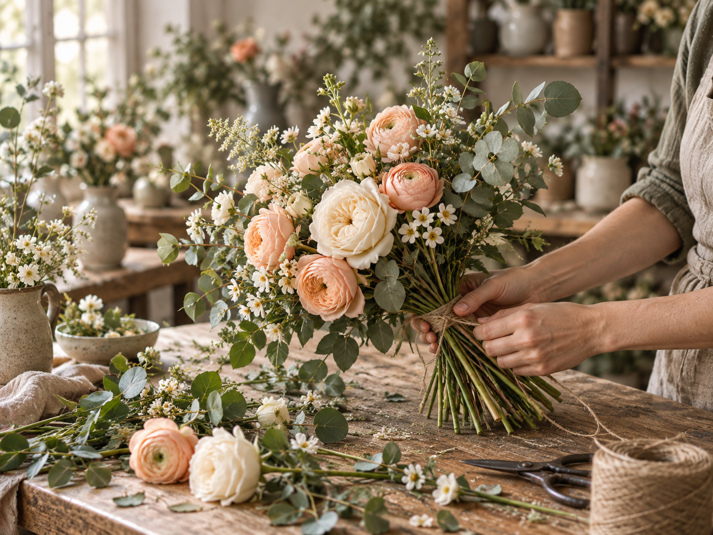 Hands arranging a bouquet of cream and peach flowers at a workbench